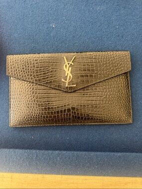 Saint Laurent Black Croc-Embossed Envelope Clutch with Magnetic Closure